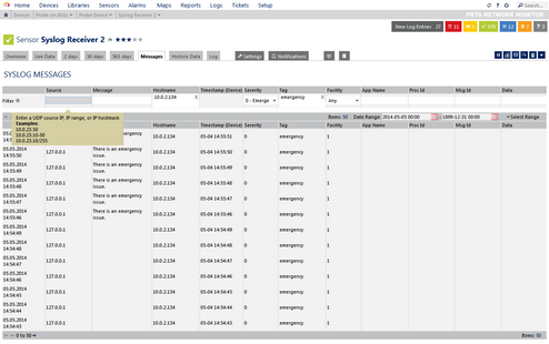Received Syslogs on the Messages Tab Received Syslogs on the Messages Tab